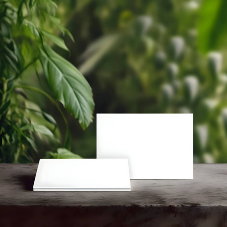Two white blank sheets of paper neatly arranged side by side, surrounded by lush green plants.の写真素材