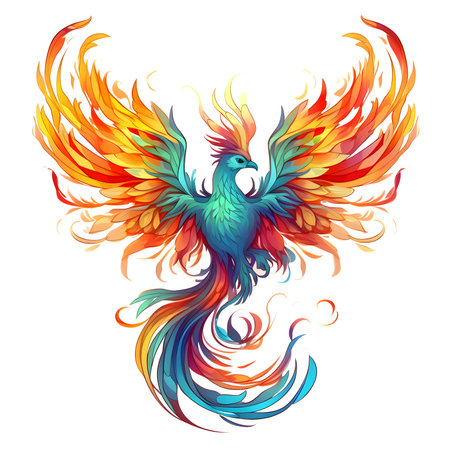 A rainbow-colored fire phoenix stands out against a white isolated background.のイラスト素材