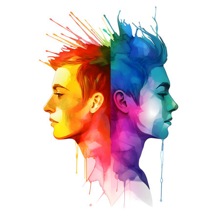 Illustration of two people's heads back-to-back, forming an LGBT graphics , representing unity, diversity, and support for the LGBTQ  community.のイラスト素材