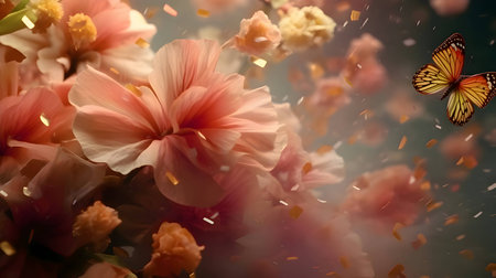 Abstract backdrop adorned with vibrant pink flowers, adding a touch of elegance and color to the visual composition.のイラスト素材