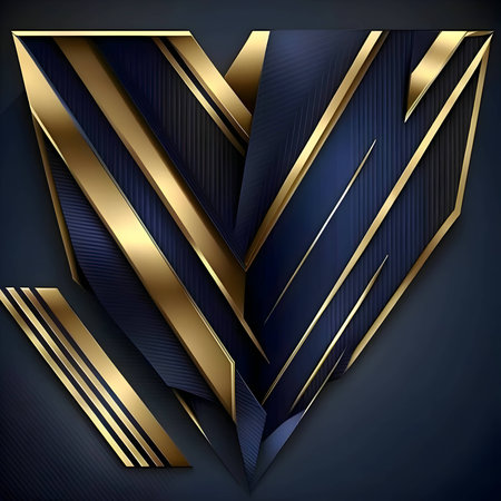 An abstract background adorned with alternating stripes and triangles in shades of gold and navy blue, creating a visually intriguing and dynamic composition.のイラスト素材