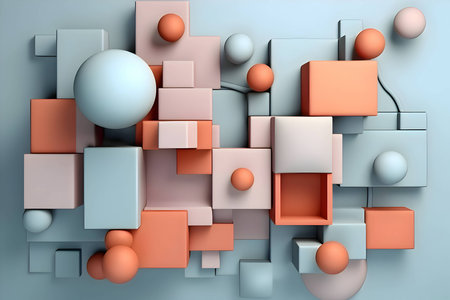 An abstract background adorned with a multitude of colorful geometric shapes, including circles and...