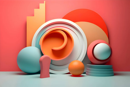 An abstract background adorned with a multitude of colorful geometric shapes, including circles and spirals, creating a lively and captivating visual composition.のイラスト素材