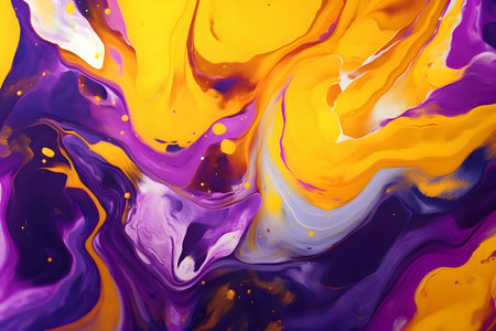An abstract background showcasing multicolored purple, white, and yellow liquid paint, resulting in a visually captivating and vibrant composition.のイラスト素材