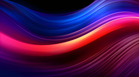 Abstract background featuring a fluid 3D render of holographic iridescent neon curved waves in motion against a dark backdrop, creating a visually captivating and dynamic design.のイラスト素材