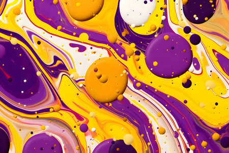 An abstract background showcasing multicolored purple, white, and yellow liquid paint, resulting in a visually captivating and vibrant composition.のイラスト素材