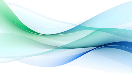 Abstract wallpaper with amorphous waves in vibrant green, orange, and blue hues, set against a light background, creating a visually captivating and dynamic design.のイラスト素材