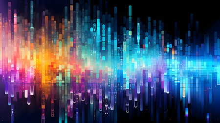 High-definition glitch background mural featuring a captivating blue-to-orange saturated color gradient, creating a visually striking and dynamic design.のイラスト素材