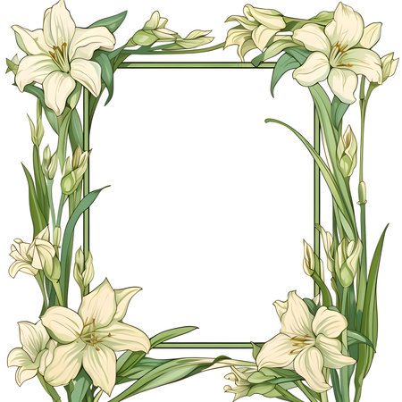 A frame adorned with lilies of the valley flowers on a white background creates a delicate and visually pleasing arrangement.のイラスト素材