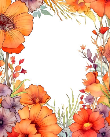 A frame embellished with flowers and leaves against a white background forms an elegant and visually appealing composition.のイラスト素材
