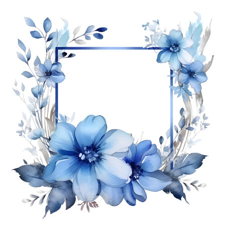 A frame adorned with blue and white rose flowers against a white background creates a lovely and visually pleasing composition.のイラスト素材