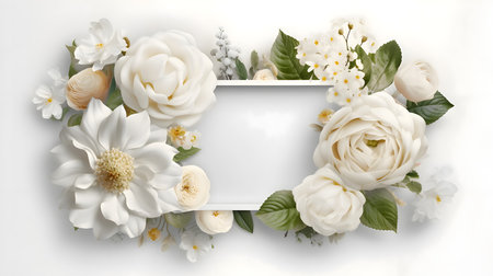 A frame adorned with flowers against a white background creates a visually appealing and charming composition.のイラスト素材