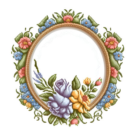 An 8-bit circular frame adorned with pixelated flowers is set against a white background, offering a nostalgic and creative visual design.のイラスト素材