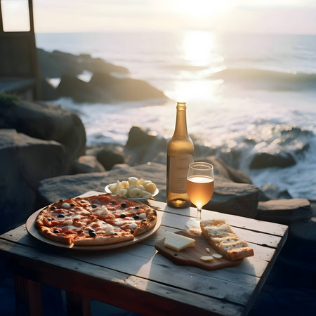 A bottle of wine and a pizza are placed on a wooden table overlooking the sea, creating a...