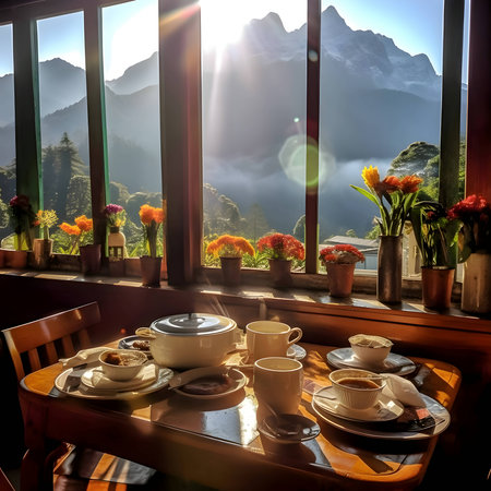 A table displays elegantly arranged dishes against a backdrop of majestic mountain ranges visible through the window, creating a stunning dining experience.の写真素材