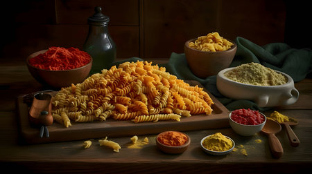 Pasta is beautifully arranged on a wooden kitchen board, surrounded by a variety of spices, fresh tomatoes, and cheese, offering a visually enticing and flavorful composition.の写真素材