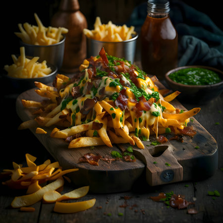 Fries with cheese and vegetables served on a wooden cutting board in the kitchen.