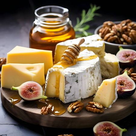 Cheese, honey, nuts, bread, and figs are elegantly arranged on a wooden cutting board in a kitchen, with a blurred background, presenting a harmonious and appetizing composition.の写真素材