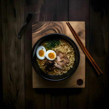 A bowl of steaming ramen soup is placed on a wooden cutting board in a kitchen, enticing with its savory aroma and delicious appearance.の写真素材