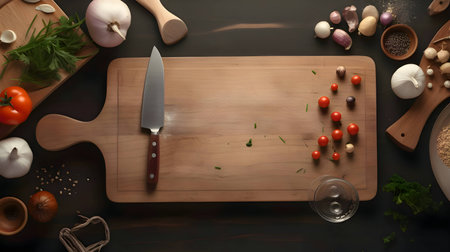 A wooden kitchen board is placed on the kitchen counter, surrounded by an array of spices,...