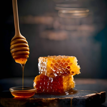 Honey drips enticingly from a stick, with two honeycombs nearby, creating a sweet and appetizing...