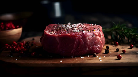 A raw beef steak, seasoned with salt and pepper, is displayed on a cutting board in a kitchen, ready...