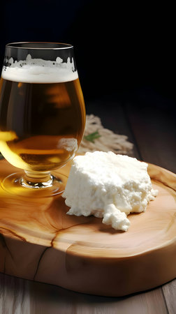 Cottage cheese and beer are presented on a wooden cutting board in a kitchen, offering an interesting culinary combination.の写真素材