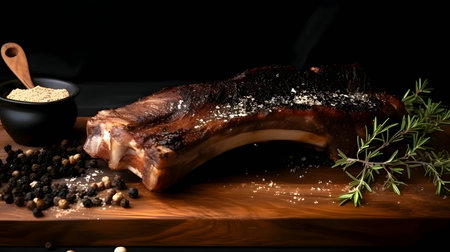 Grilled beef steak with aromatic rosemary, succulent lamb chops, and tender pork ribs are arranged...