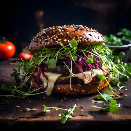 Hamburger, cheeseburger, chicken burger, burger with lettuce, cheese, bacon, pickle, tomato, sauce, onion, radish. Side view. Illustration, dark background. Tasty.の写真素材