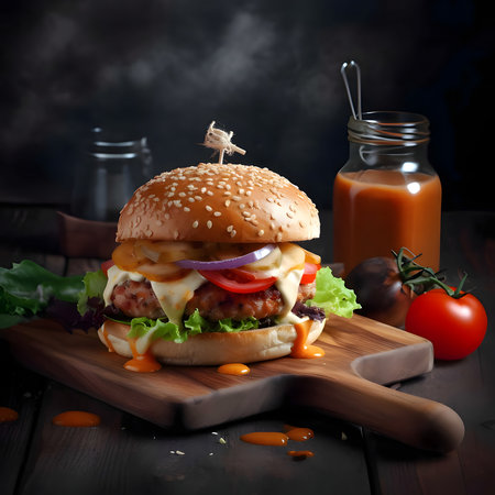 Hamburger, cheeseburger, chicken burger, burger with lettuce, cheese, sausage, pickle, tomato, sauce, onion. Wooden kitchen board.Illustration.Tasty.の写真素材