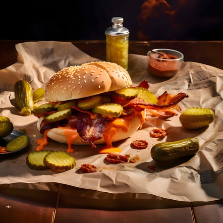 Hamburger, cheeseburger, chicken burger, burger with lettuce, cheese, bacon, pickle, tomato, sauce, onion. Presented on paper, with pickles all around.Tasty.の写真素材