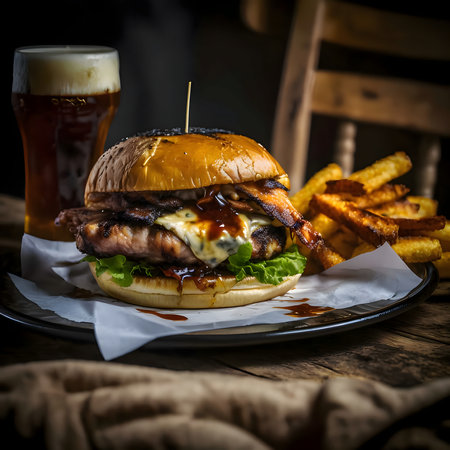 Toasted hamburger, cheeseburger, chicken burger, burger with lettuce, cheese, sausage, pickle, tomato, sauce, onion.Photo. On the table, fries and beer.Tasty.の写真素材