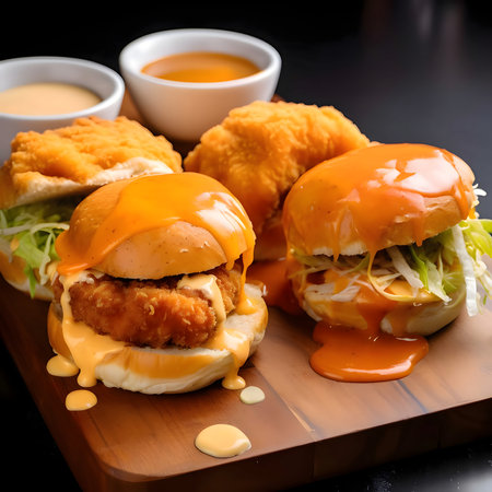 Chicken burgers, chicken nuggets, garlic sauce and ketchup and fries on a wooden kitchen board, a solid dark background. Tasty served.の写真素材