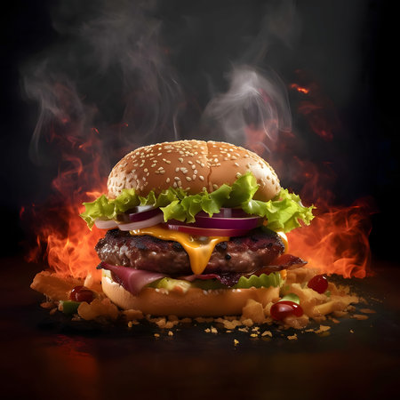 Hamburger, cheeseburger, chicken burger, burger with lettuce, cheese, bacon, pickle, tomato, sauce, onion on a wooden table.Flames and smoke. Blurred background. Tasty.の写真素材