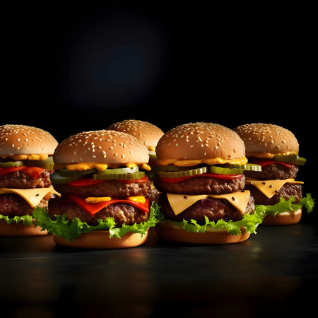 Five burgers, cheeseburgers, chicken burgers, burgers with lettuce, cheese, bacon, pickle, tomato, sauce, onions. Dark background.Tasty.の写真素材