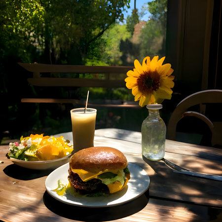 Outside, a green plant, a sunflower, a hamburger on a plate, a drink.Tastyの写真素材