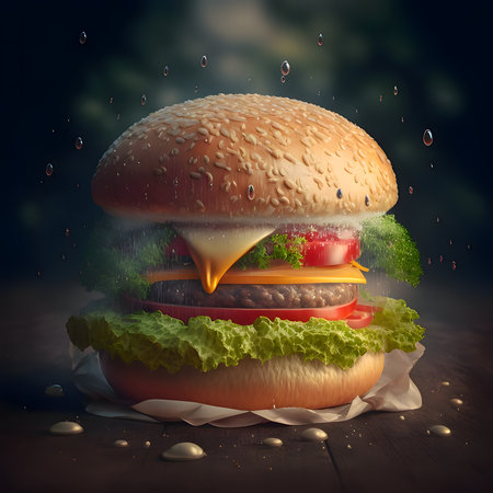 Hamburger, cheeseburger, chicken burger, burger with lettuce, cheese, bacon, pickle, tomato, sauce, onion. Illustration, dark background. Tasty.の写真素材