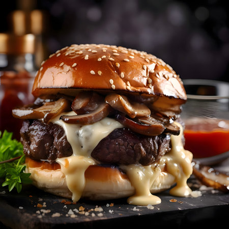 Hamburger, cheeseburger, chicken burger, burger with lettuce, cheese, bacon, pickle, tomato, sauce, mushrooms. Flowing sauce, dark blurry background, close-up view. Tasty.の写真素材