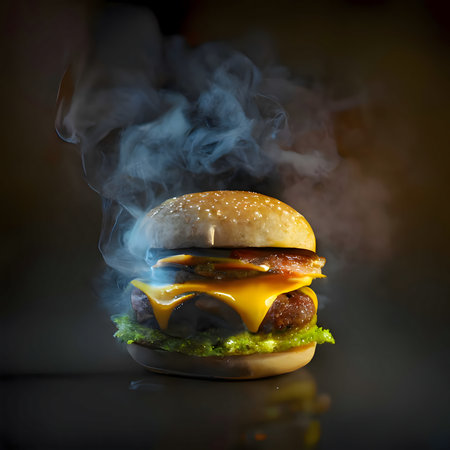 Hamburger, cheeseburger, chicken burger, burger with lettuce, cheese, bacon, pickle, tomato, sauce, onion. Illustration, burger with steam, smoke. Tasty.の写真素材