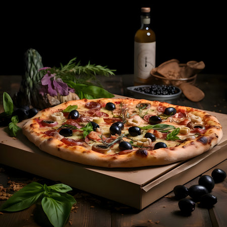 Round pizza with cheese, ham, olives spices on a wooden kitchen board. Around the decoration with vegetables and spices. Dark background. Side view. Baked and tasty.の写真素材