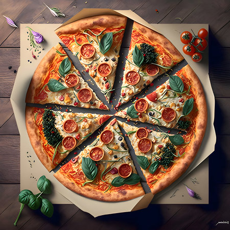 Round pizza with cheese, ham, basil, tomatoes, spices.Around the decoration with vegetables and spices. View from the top. Baked and tasty.の写真素材