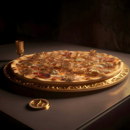 Round pizza with cheese, salami, tomatoes, spices on a golden tray. Around the decorations. Side view. Baked and tasty.の写真素材