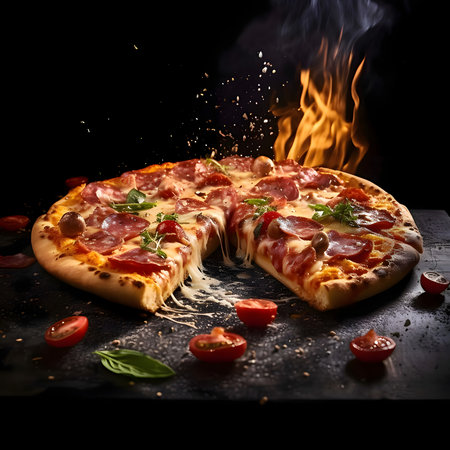 Round pizza with cheese, ham, salami, tomatoes. Side view. Dark background with smoke. Baked and tasty.の写真素材