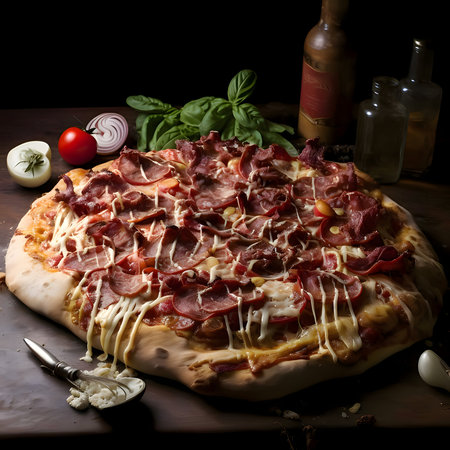 Round pizza with cheese, ham, basil, tomatoes, spices. Around the decoration with vegetables and spices. Side view. Dark background. Baked and tasty.の写真素材