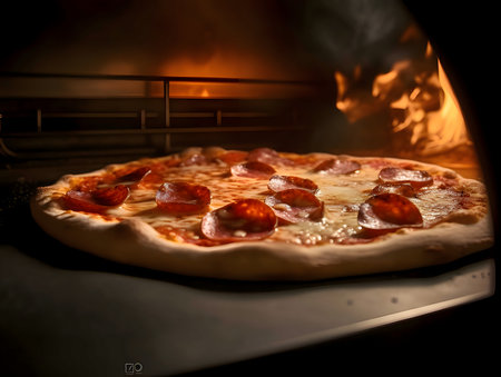Round pizza with cheese, salami, spices. Side view. The oven, fire in the background. Baked and tasty.の写真素材