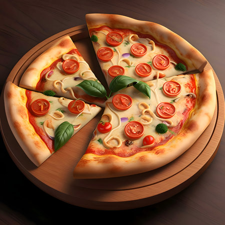 Round pizza with cheese, basil, tomatoes, spices on a wooden kitchen board. Side view, illustration. Baked and tasty.の写真素材