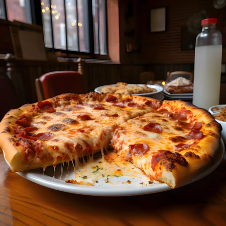 A piece of pizza with cheese, salami, spices on a plate Side view. Restaurant. Baked and tasty.の写真素材