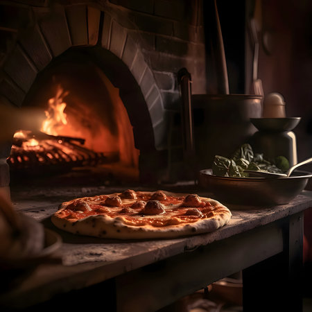 Round pizza with cheese, ham. Side view. In the background the oven and the flames of the fire. Baked and tasty.の写真素材