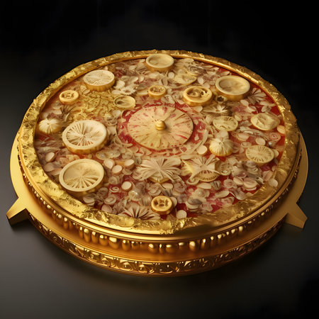Round pizza with cheese, salami, tomatoes, spices on a golden tray. Around the decorations. Side view. Baked and tasty.の写真素材