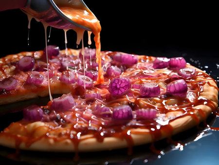 Round pizza with cheese, ham, salami, onions spices and sauce. Side view. Baked and tasty.の写真素材